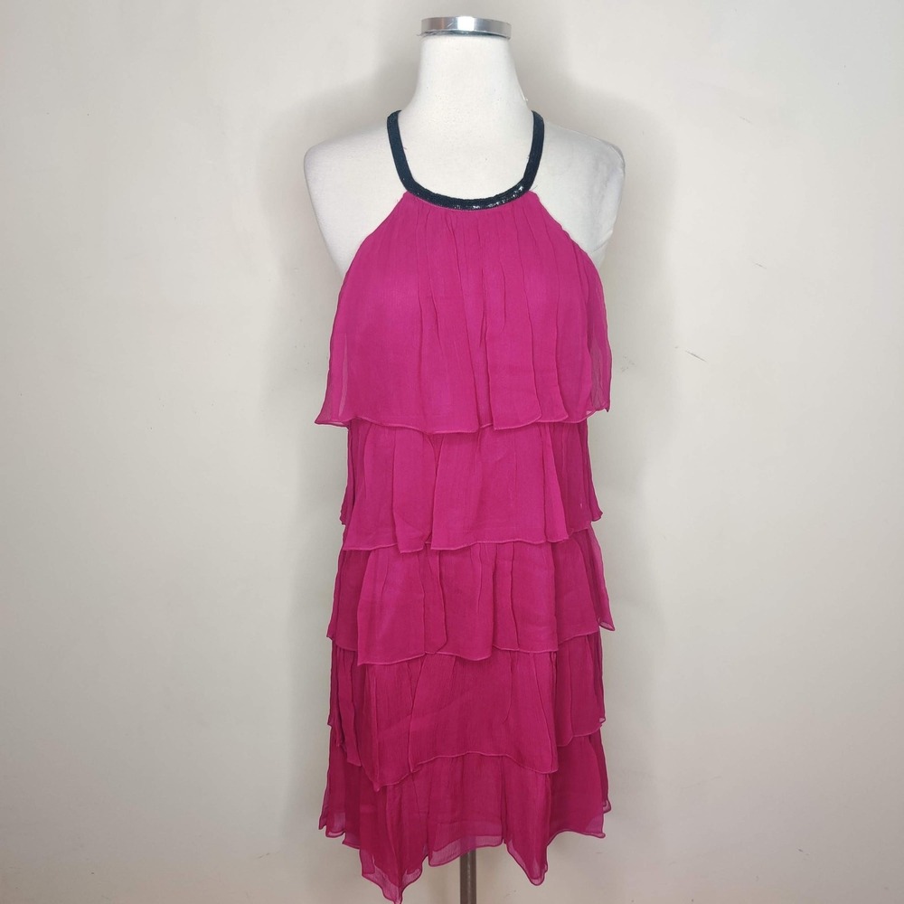 Jay Godfrey Silk Tiered‎ Dress Halter Neck Sequin Strap
